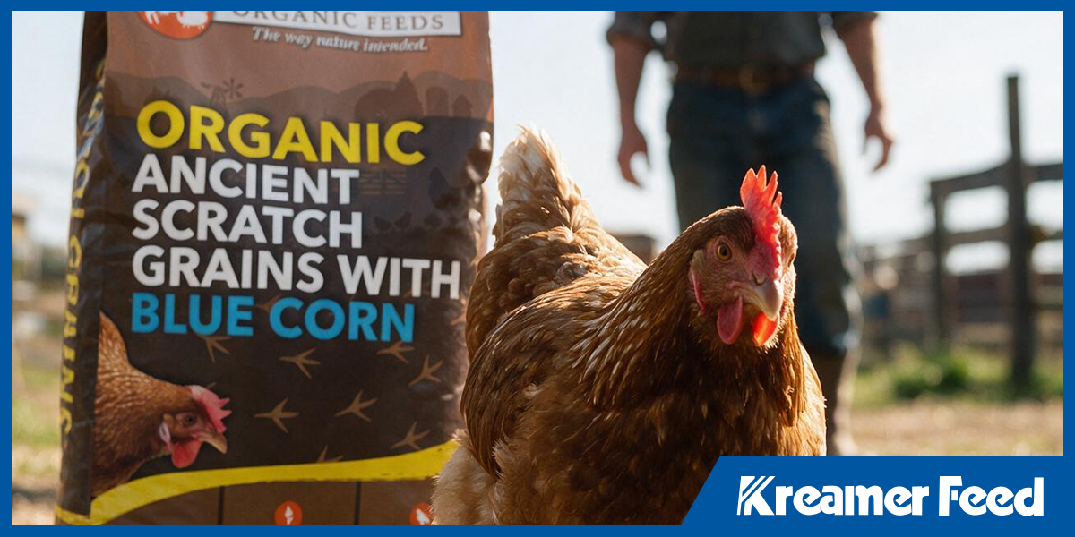 Hen beside organic grains